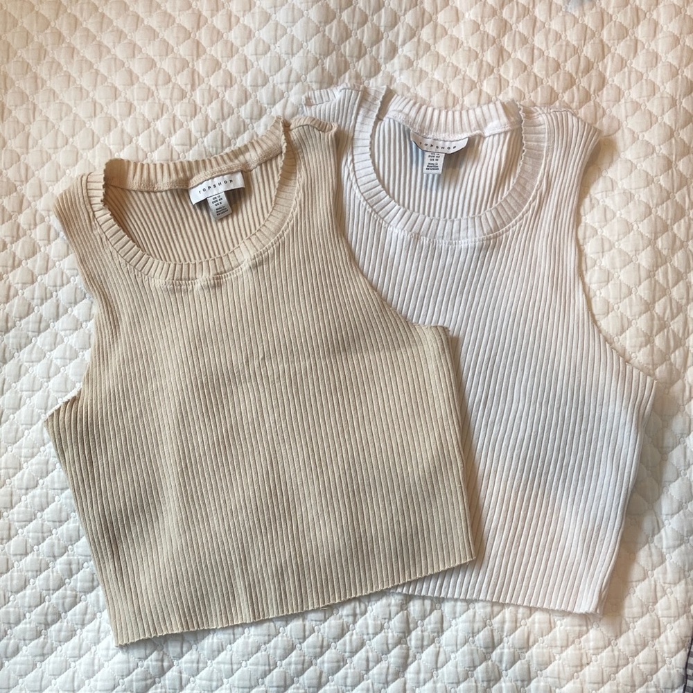 Topshop Ribbed Cropped Tank Duo — Beige & White